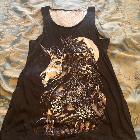 Tops - Black Graphic Tank Top with Skull and Floral Design